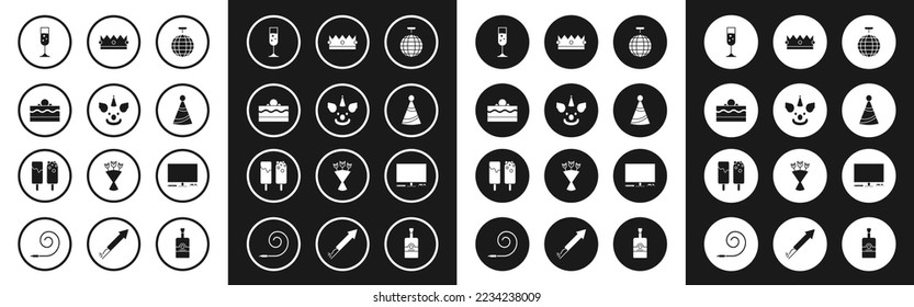 Set Disco ball, Clown head, Cake, Glass of champagne, Party hat, Crown, Video game console and Ice cream icon. Vector