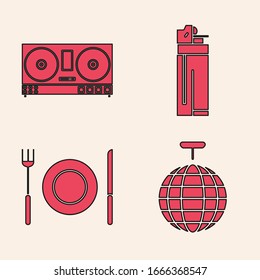 Set Disco ball , DJ remote for playing and mixing music , Lighter  and Plate, fork and knife  icon. Vector
