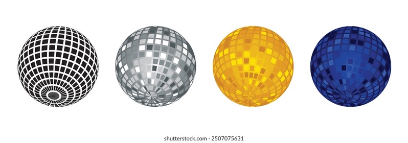 set of disco ball golden silver royal blue on white isolated