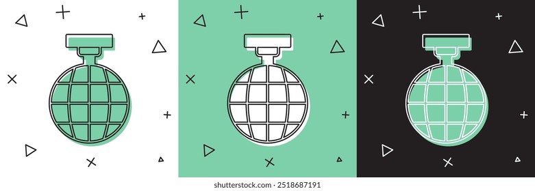 Set Disco Ball Symbol einzeln auf weißem und grünem, schwarzem Hintergrund.  Vektorgrafik