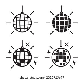 Juego de ícono de bola de disco. Discoteca, discoteca, cartel de fiesta. Decoración y celebración, bola de espejo o de brillo. Ilustración vectorial.