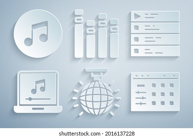 Set Disco ball, Music playlist, Laptop with music note, Drum machine, equalizer and tone icon. Vector