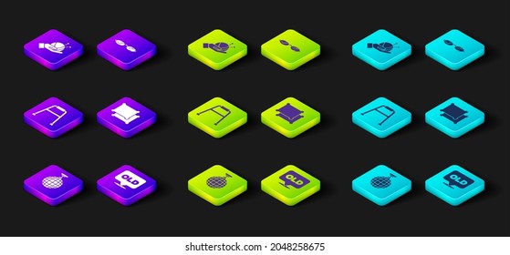Set Disco ball, Nursing home, Walker, Pillow, Eyeglasses and Yarn with knitting needles icon. Vector