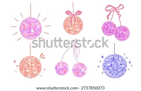 Set Disco ball shiny party mirror glowing party decorations. Y2k cherry with bow, Glossy discoballs in 70s 80s retro style. Party, music, 