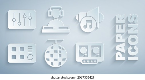 Set Disco ball, Speaker volume, Drum machine, DJ remote and mixing music, playing and Sound mixer controller icon. Vector