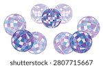 Set of disco balls in cartoon style.Vector illustration of disco ball with mosaic, square multi-colored segments: purple, blue, magenta, green isolated on white background.Disco balls for dance floor.