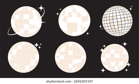 Set aus Discobällen mit reflektierenden karierten Mustern und funkelnden Sternen auf schwarzem Hintergrund. Flache Vektorgrafik für Neujahrsparty-Poster, Event-Flyer, Club-Dekoration, Retro-Design-Element.