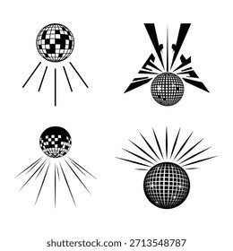 Set of Disco Balls with Spotlight Rays Silhouette Icons, New Year Party Graphic