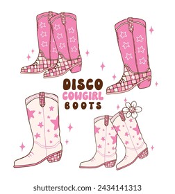 Conjunto de Disco Cowgirl botas garabato dibujo a mano ilustración, de moda retro vibraciones disco era.