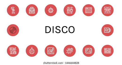 Set of disco icons such as Disco, Jukebox, Mirror ball, Prom night, Amplifier, Sound system, Dance, Disco ball, Turntable, Dancing, Vynil, Lp ,