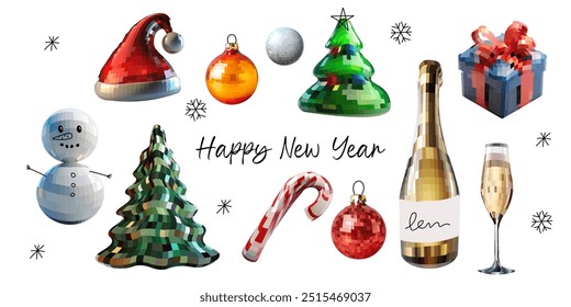 Set disco mirror ball new year and Christmas, Christmas tree, Santa hat, ornament, Mosaic style on white background.