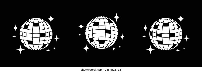 Set of Disco Shining ball icon with black background. Disco lighting ball symbol. Vector illustration.