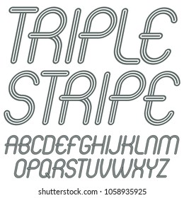 Set of disco vector upper case English alphabet letters isolated. Funky italic rounded font, typescript for use in logo design. Made with triple stripy decoration.