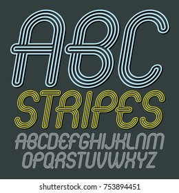 Set of disco vector upper case alphabet letters isolated. Trendy cursive rounded font, script from a to z can be used in poster creation. Created using triple stripy, parallel lines.
