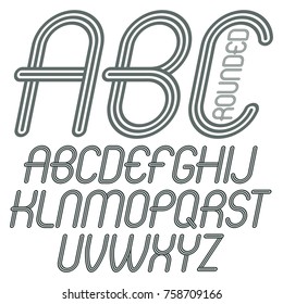 Set of disco vector upper case English alphabet letters, abc isolated. Funky italic rounded font, typescript for use in logo design. Made with geometric parallel triple lines.