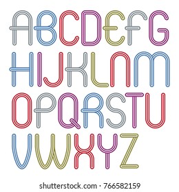 Set of disco vector upper case English alphabet letters isolated. Funky rounded font, typescript for use in logo design. Made with triple stripy decoration.