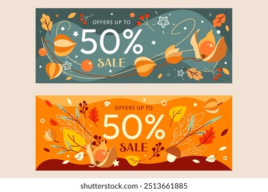 Set of discount autumn banners in vector. Bright original banners in vector, flat style.