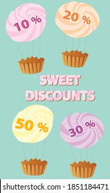 Un conjunto de insignias de descuento de cestas de pastelería de corteza y malvaviscos de frutas multicolores imitando globos, con la inscripción "descuentos dulces" y 10%, 20%, 30 y 50%.