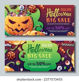 Set von Rabatt Banner Design mit Süßigkeiten und Kekse in einem Kürbis. Halloween Verkauf, Rabattgutschein. Vorlage für Banner, Poster, Flyer, Werbung.