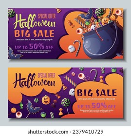 Juego de diseños de pancartas de descuento con dulces y galletas en el caldero de la bruja. Venta de Halloween, cupón de descuento. Plantilla para banner, afiche, volante, anuncio.