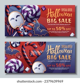 Set of Discount banner design with sweets and ghost cookies. Halloween sale, discount voucher. Template for banner, poster, flyer, advertisement.