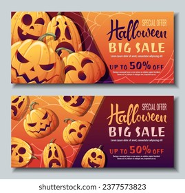 Set of discount banner templates with orange scary pumpkins. Halloween sale, discount voucher. Design of banner, poster, flyer, advertisement.