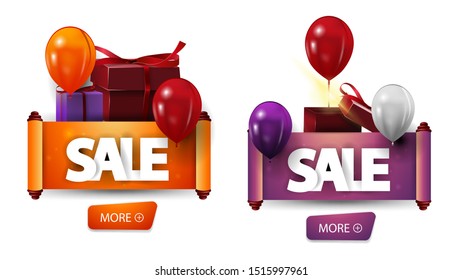 Set discount banners in the form of parchment with gift boxes isolated on white background