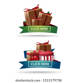 Set discount banners in the form of ribbons with gift boxes isolated on white background