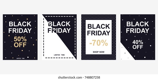 Set of discount banners on Black Friday. Abstract sale background, cover, booklet, flyer, signboard. Flat colorful vector illustration for social networking, posters, e-mail, promotional materials.