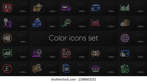Set of Discount, Card and Bitcoin atm line icons. Include Difficult stress, Free delivery, Refresh bitcoin icons. Buying accessory, Pound money, Analytical chat web elements. Inspect. Vector