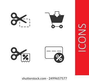 Set Discount card with percent, Scissors cuts discount coupon,  and Add to Shopping cart icon. Vector