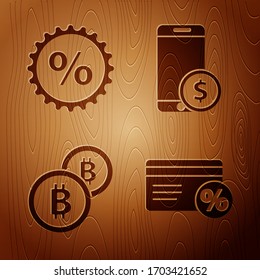 Set Discount card with percent, Discount percent tag, Cryptocurrency coin Bitcoin and Smartphone with dollar on wooden background. Vector