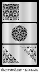 set of discount card template. Cut out cards with lace pattern. Modern geometric card for laser cutting. Vector illustration. silver metal