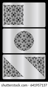 set of discount card template. Cut out cards with lace pattern. Modern geometric card for laser cutting. Vector illustration. silver metal