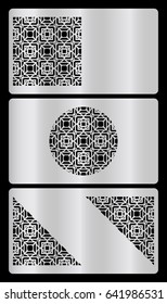set of discount card template. Cut out cards with lace pattern. Modern geometric card for laser cutting. Vector illustration. silver metal