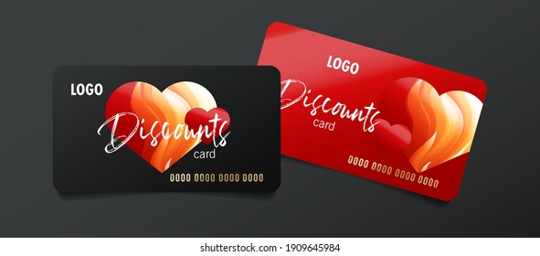 Set of discount cards or bank credit cards for special occasion like for Valentines day, with 3d red hearts, red and black