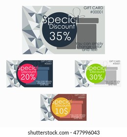Set of discount cards in different colors. Vector illustration
