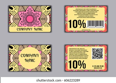 Set of discount cards with floral mandala pattern. Loyalty card. Front page and back page. Vector coupon with round floral ornament on background.