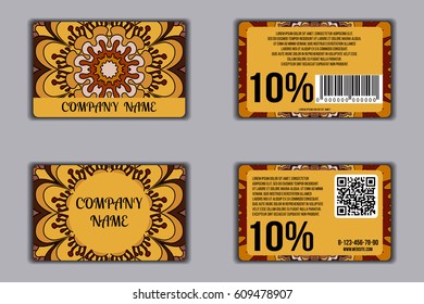 Set of discount cards with floral mandala pattern. Loyalty card. Front page and back page. Vector coupon with round floral ornament on background.