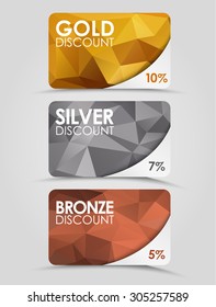 A set of discount cards with gold, silver and bronze geometric polygonal background.