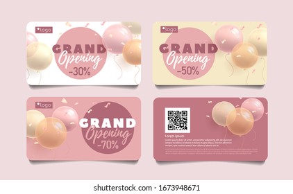 Juego de tarjetas de descuento para grandes aberturas, globos redondos Ilustración vectorial 3d y tipografía, estilo grisáceo color rosa pastel estilo gentil