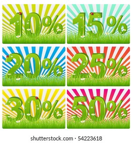 Set Of Discount Cards With Green Figures In Grass, Isolated on white