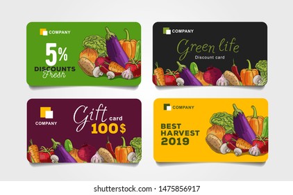 Set of discount cards for grocery food store with shopping basket illustration and discounts numbers