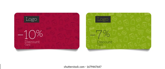 Set of discount cards for grocery food store with food and beverages line pattern shopping items illustration discounts digits and logo, loyalty program club