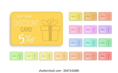 set of discount cards with a discount percentage for a store or business. A gift to the buyer for loyalty. Flat style