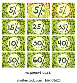 Set of discount cards. Vector abstract stock art with 5%,  15%, 25%, 35%, 10%, 30, 40, 50, 60, 70 percent of sale