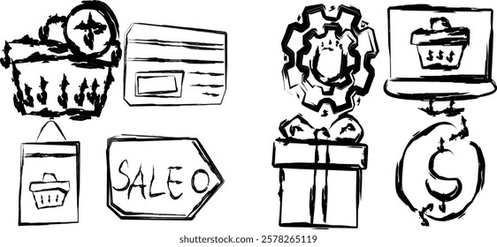 Set of discount coupon icons in Doodle style, hand drawn scribbled gifts. Hand drawn sketch style bonus gift, loyalty program icon. Scribble money rewards program offers.