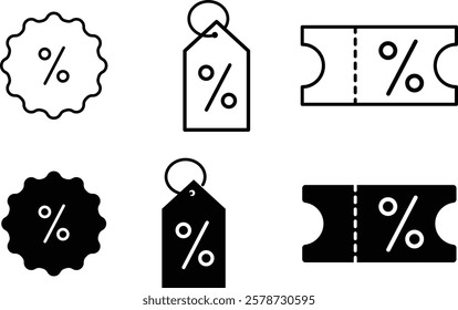 Set of discount coupon icons set. Discount percent tag icon.  Sale price tag with discount offer. editable stroke outline icons set
