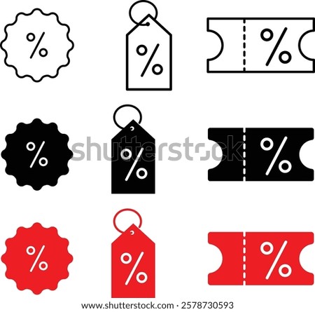 Set of discount coupon icons set. Discount percent tag icon.  Sale price tag with discount offer. editable stroke outline icons set
