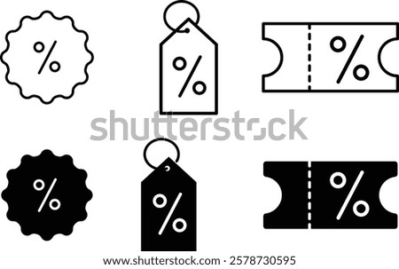 Set of discount coupon icons set. Discount percent tag icon.  Sale price tag with discount offer. editable stroke outline icons set
